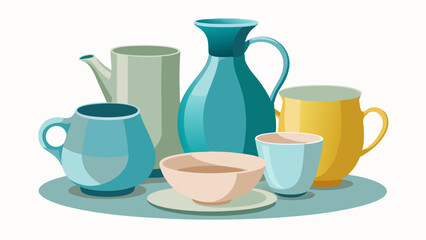 Collection of Stylish Ceramic Kitchenware in Teal Yellow and Beige