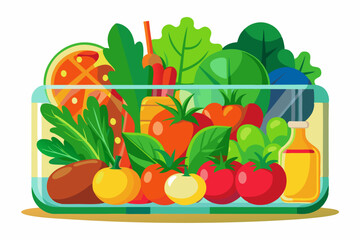 Fresh Vegetables and Herbs in a Glass Container