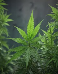 Fototapeta premium Close-up of vibrant green cannabis leaves against a blurred background , indoor, agriculture, flower