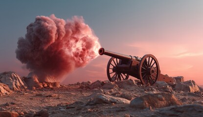 Historic cannon firing with dramatic smoke cloud.