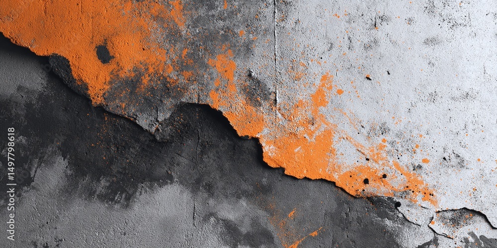 Poster bold splash of orange paint on a textured grey wall, creating an abstract pattern