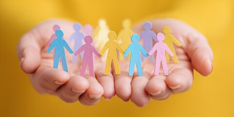 Colorful paper cut-out people figures on open palm hands. Diversity inclusion concept. Team representing equality. United community, people support, ESG theme, CSR. Teamwork, togetherness