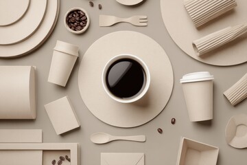 Minimalist Workspace with Coffee Cup, Cardboard Containers, and Coffee Beans on Beige Background for Sustainable Lifestyle and Food Presentation Themes