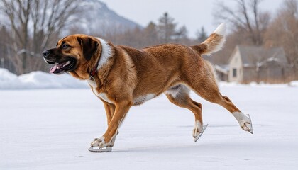 Energetic dog skating on ice in a winter landscape  