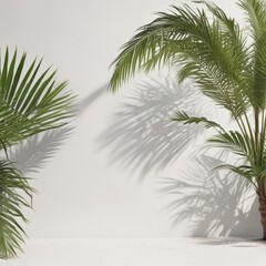 Naklejka premium Crisp shadow of palm fronds on bright white wall Tropical, summer, exotic , white background, sharp, detail