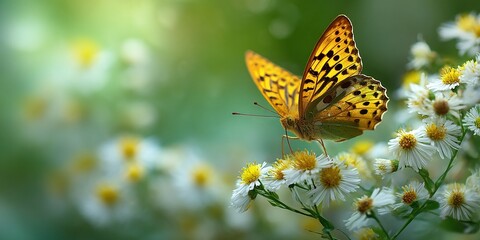 Obraz premium Flower Green Background. Spring Fresh Flowers and Yellow Butterfly on Abstract Sunny Landscape