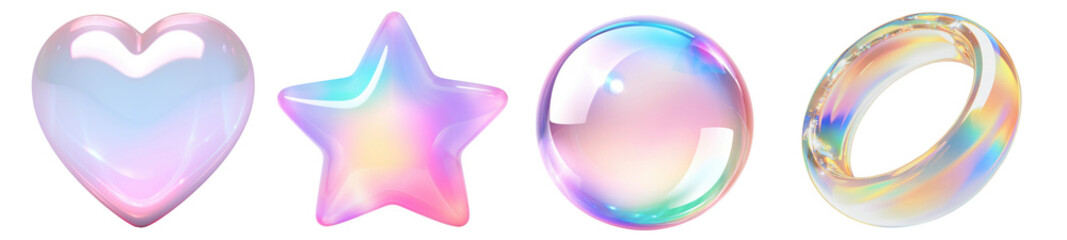 Obraz premium PNG Colorful iridescent 3D shapes, element set on transparent background