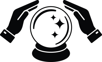 Mystic Minimalist Crystal Ball Illustration with Divination Hands and Stars