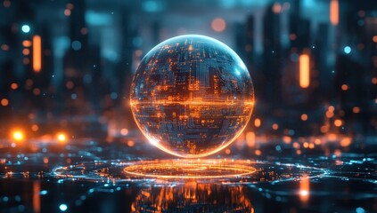 A futuristic sphere hovers above a city's digital network