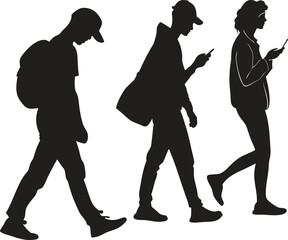 Silhouettes of Young People Walking and Using Smartphones