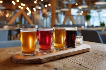 Craft beer flight on rustic table, brewery interior blurred, natural lighting
