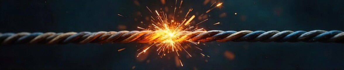 A frayed electrical wire, sparking and about to ignite, symbolizes the volatile nature of pent-up aggression and the potential for sudden eruption of violence , burn, safety, caution
