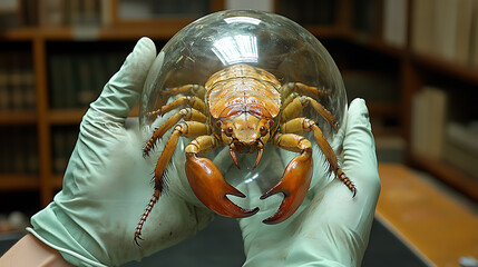 Jurassic insect revived in a containment sphere held by gloved hands 