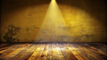 A single spotlight illuminates a rustic wooden floor in front of a textured yellow wall.