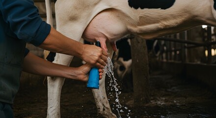 Farmer Preparing Cow's Udder for Milking in Rustic Barn