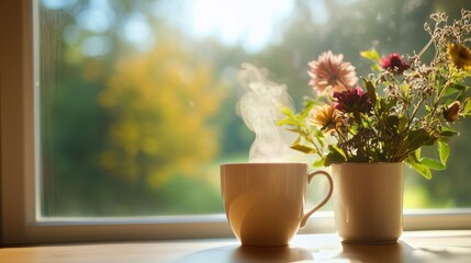 Steaming cup, flowers, sunny window creating a peaceful, cozy atmosphere.