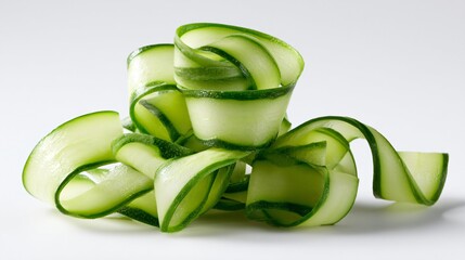 Fresh Cucumber Ribbon Peels on White Background for Culinary Design Inspiration