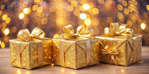 Three Golden Gift Boxes Adorned with Elegant Bows Against a Shimmering Background of Warm Lights