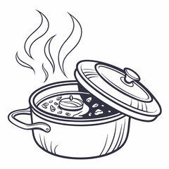 Steaming pot of soup with candle inside cozy autumn food illustration
