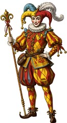 Obraz premium A Renaissance Jester Historical Illustration of a Court Jester in Elaborate Costume, Holding a Scepter