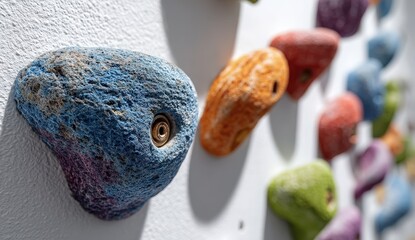 Close-up of colorful rock climbing holds on a wall.