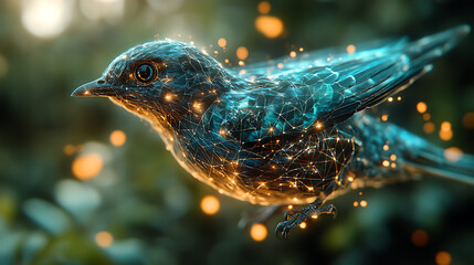Holographic interface displaying digital reconstruction of an extinct bird species 