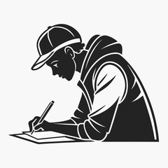 Young man in baseball cap writing on paper
