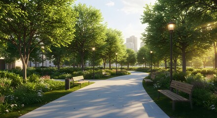 Obraz premium Green Urban Park with City Buildings in the Background on a Sunny Afternoon