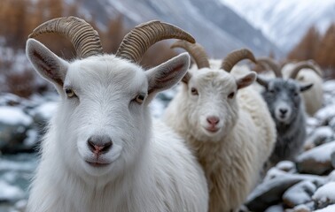 Obraz premium A flock of goats in the Himalayas, panoramic view of goat herds moving through mountainous terrain