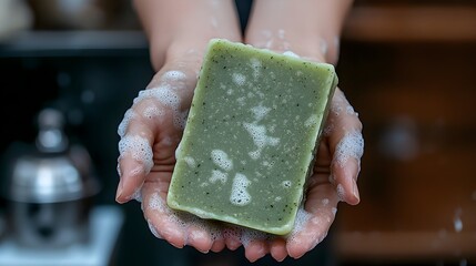 Close-up of hands gently holding a rectangular bar of mottled green soap, surrounded by lather