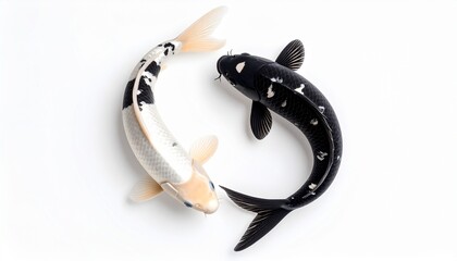 Two Black and White koi fish swimming in a yin-yang formation, viewed top-down and isolated on a pure white background.  ideal for design, harmony, and zen-themed visuals.