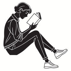 Young person sitting floor reading book silhouette