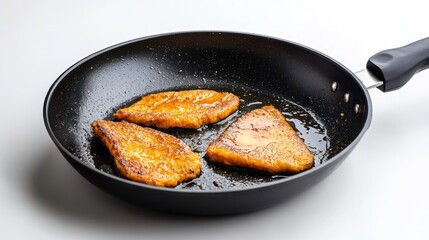 Fototapeta premium Crispy Fried Fish Fillets Sizzling in Non-Stick Pan with Golden Brown Color and Delicious Appearance