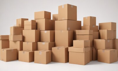 Fototapeta premium Group of various sized brown cardboard boxes, white backdrop , sustainable material, shipping, recycle