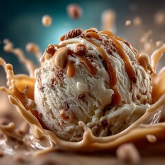 Creamy dulce de leche ice cream scoop with rich caramel drizzle and nuts