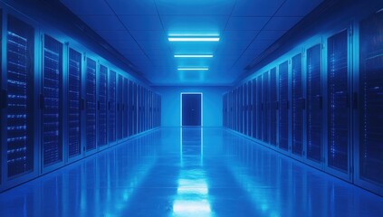 Modern server room, bathed in cool blue light