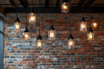 Obraz premium A collection of vintage-style pendant lights hanging from a ceiling, illuminating a rustic brick wall background, creating a warm and inviting atmosphere for a cozy caf? setting