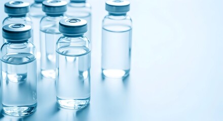 multiple vials with clear liquid on a white background, with a light blue color theme. The vial is filled to the brim with transparent fluid