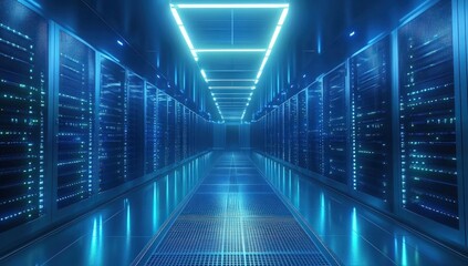Fototapeta premium Futuristic server room illuminated by vibrant blue lights