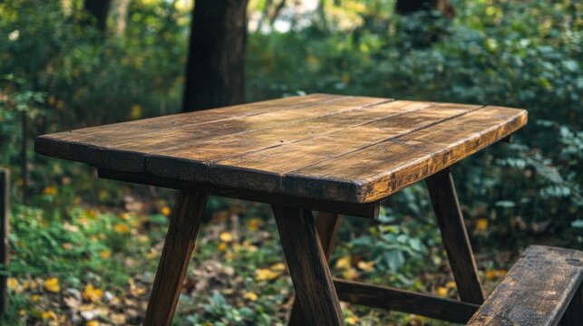 Rustic Wooden Table in a Forest Setting.