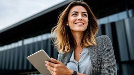 A beautiful business woman, wearing a blazer, holds a tablet and looks up with a bright smile.