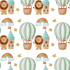 Cute watercolor jungle birthday pattern with lions, rainbow, balloon, trees, clouds, hearts, mountain, cactus, and celebration icons