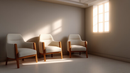 Cozy interior with three stylish armchairs casting shadows in a sunlit room featuring soft colors and natural light for relaxation and comfort