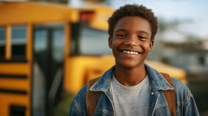 Smiling and excited teenage African-American boy getting on school bus and ready for back to school, copy space
