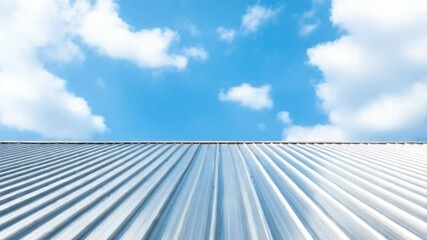 Reflective Rooftop Oasis: A sleek, metallic rooftop stretches into the distance, its textured surface mirroring the vibrant blue sky and fluffy clouds above. - Powered by Adobe