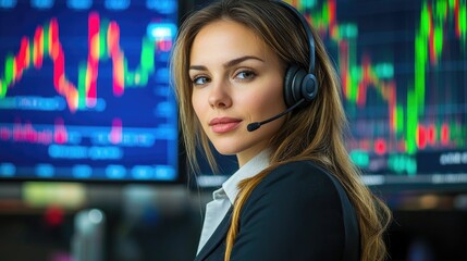 A focused woman in a business suit wearing a headset, analyzing stock market data on multiple screens displaying fluctuating graphs and numbers in a modern office environment