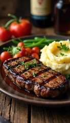 A hearty, rustic ranch meal featuring grilled steak, roasted vegetables, and creamy mashed potatoes, served on a wooden table with rustic decor , tasty, wooden background, wholesome