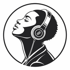 Woman listening to music headphones black and white illustration