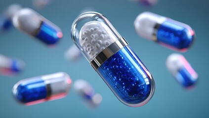 Floating blue and white capsules against a soft blur background.