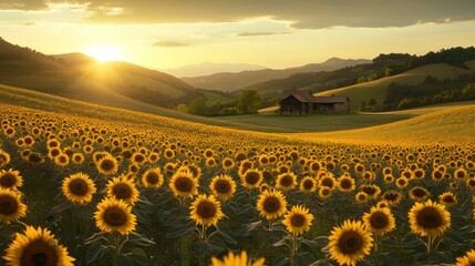 Obraz premium A serene field of sunflowers under a golden sunset with rolling hills.
